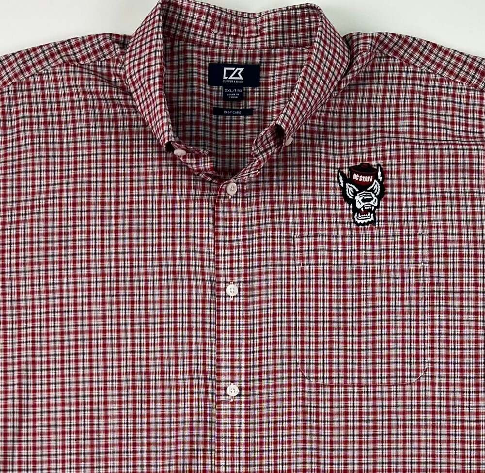 Cutter & Buck NC State Wolfpack Red Plaid Gingham Easy Care Long Sleeve Button D